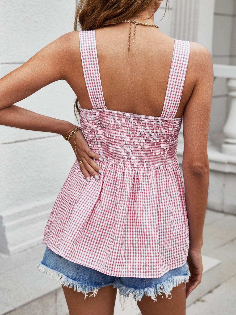 Smocked Plaid Square Neck Tank - Trendsi - Flyclothing LLC