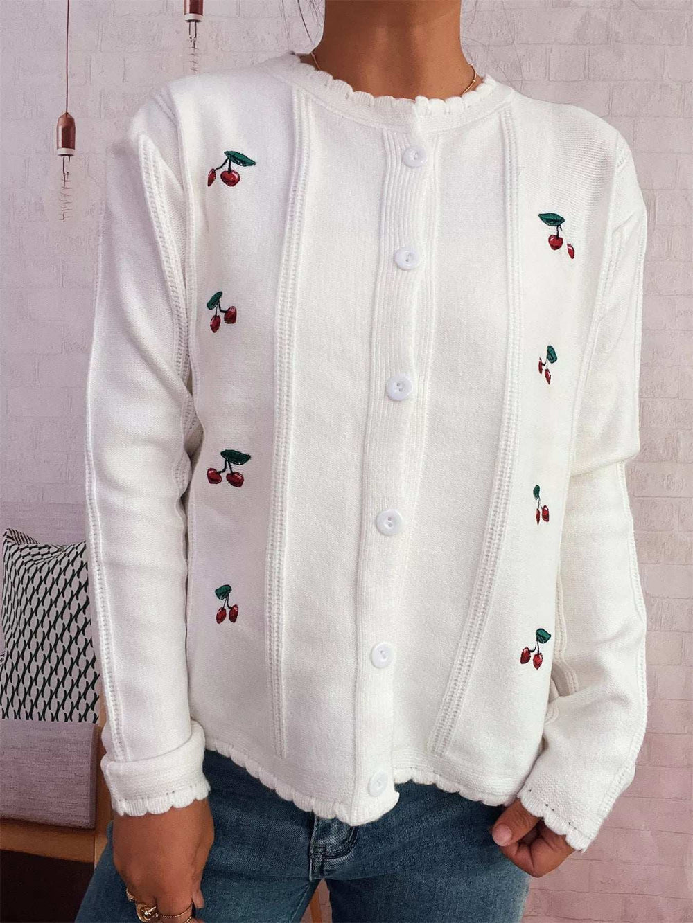 Cherry Embroidered Button Up Cardigan - Trendsi - Flyclothing LLC