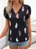 Printed V-Neck Short Sleeve Blouse - Trendsi - Flyclothing LLC