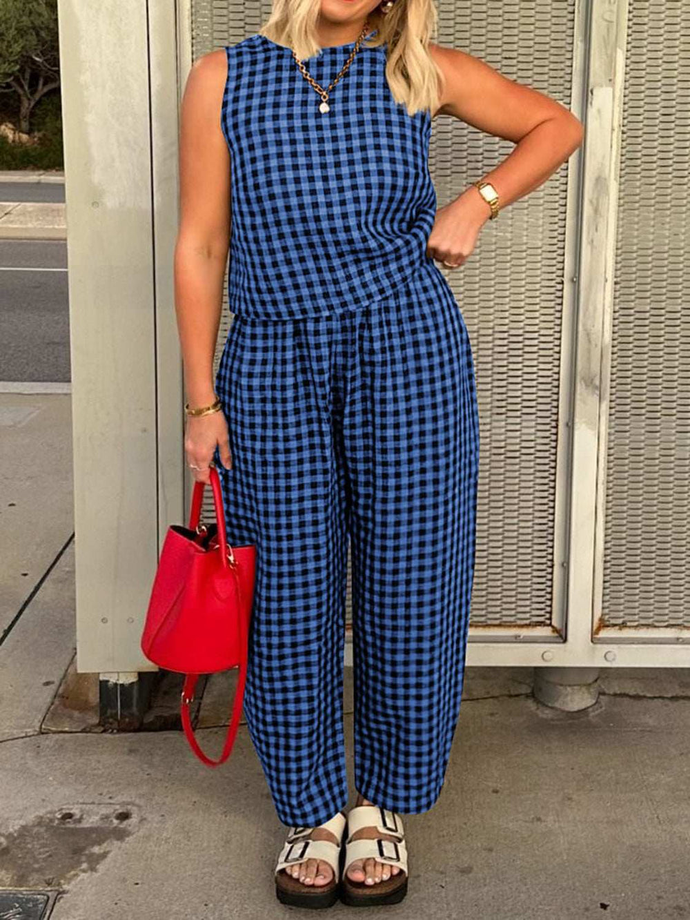 Lovelet Plaid Round Neck Sleeveless Top and Pants Set - Trendsi - Flyclothing LLC