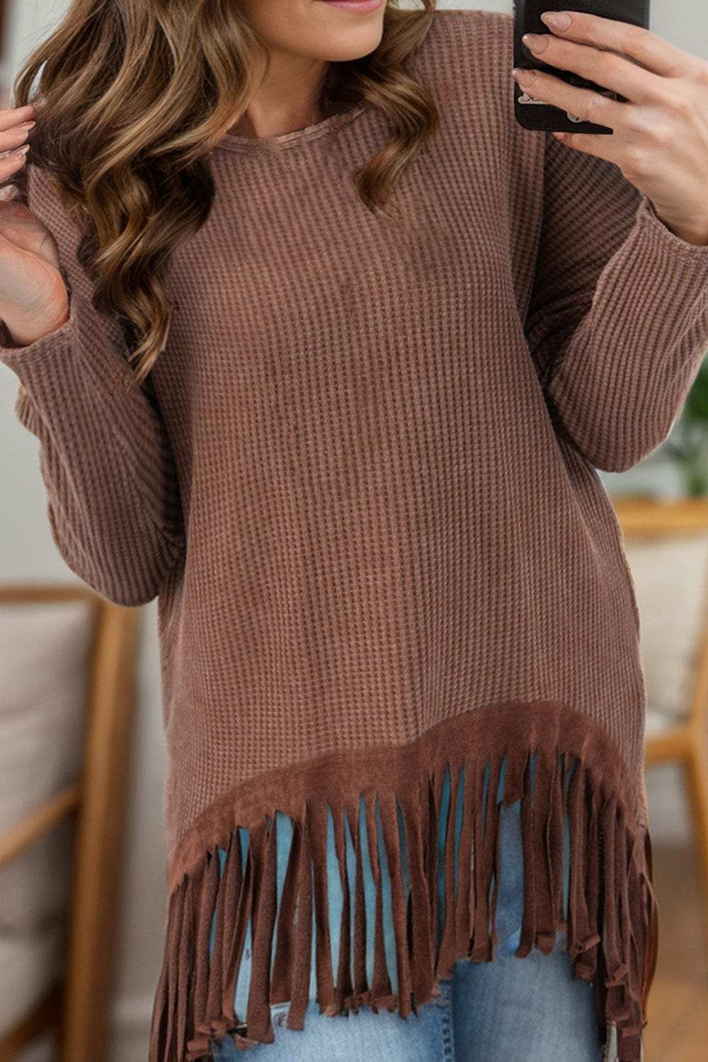 Fringe Round Neck Long Sleeve Top - Trendsi - Flyclothing LLC