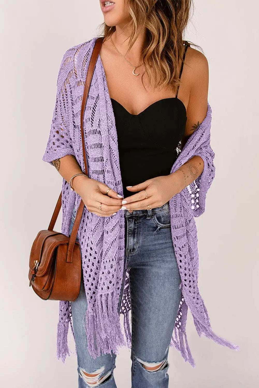 Openwork Open Front Cardigan with Fringes - Trendsi - Flyclothing LLC