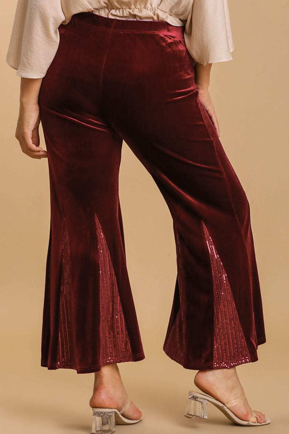 Umgee Full Size Sequin Elastic Waist Velvet Stretch Flare Leg Pants Plus Size - Trendsi - Flyclothing LLC