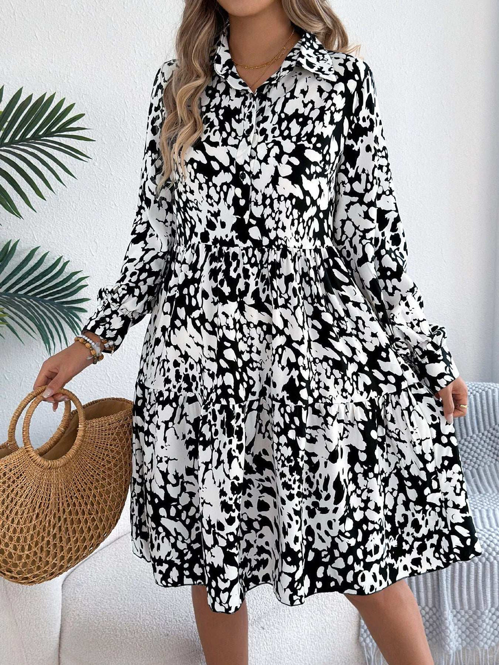 Printed Collared Neck Long Sleeve Dress - Trendsi - Flyclothing LLC