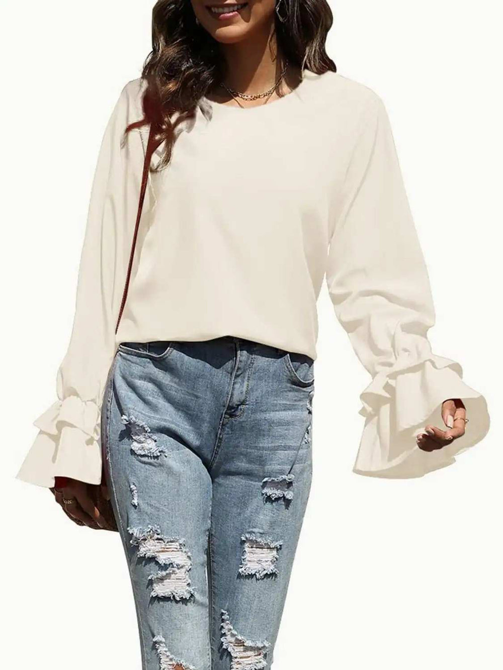 Round Neck Double-Layered Flounce Sleeve Top - Trendsi - Flyclothing LLC