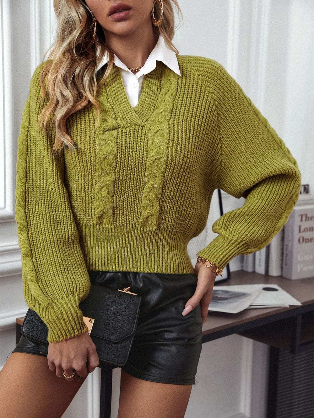 Cable-Knit Collared Neck Faux Layered Sweater - Trendsi - Flyclothing LLC