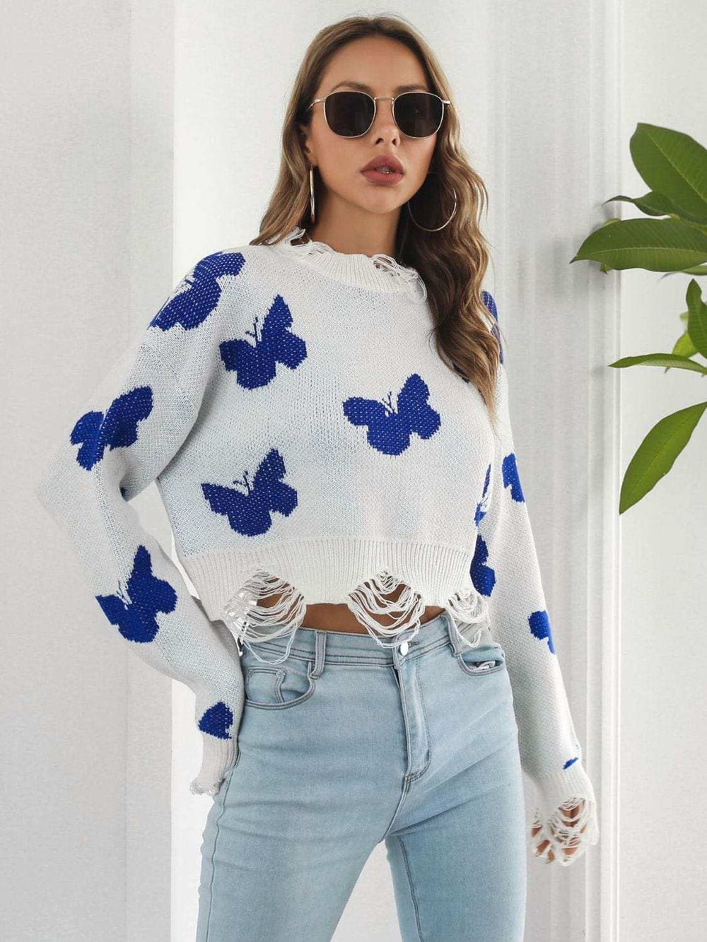 Distressed Butterfly Cropped Sweater - Trendsi - Flyclothing LLC