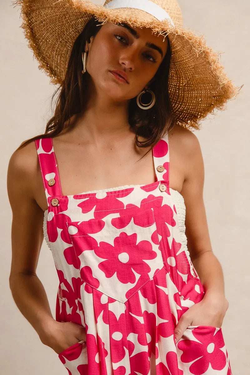 BiBi Floral Prints Tuck Detail Short Overall With Pockets - Trendsi - Flyclothing LLC