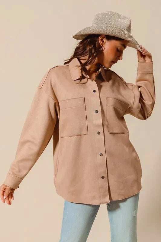 SO ME Faux Sued Snap Shacket with Collar and Pockets - Trendsi - Flyclothing LLC