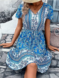 Printed V-Neck Flutter Sleeve Mini Dress - Trendsi - Flyclothing LLC