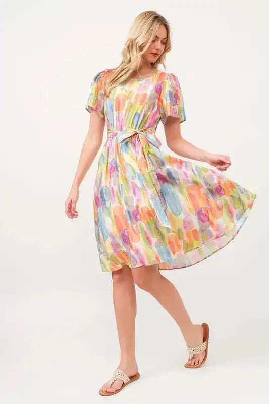 Lime 'N' Chili Watercolor Print Tie Front Midi Dress - Trendsi - Flyclothing LLC