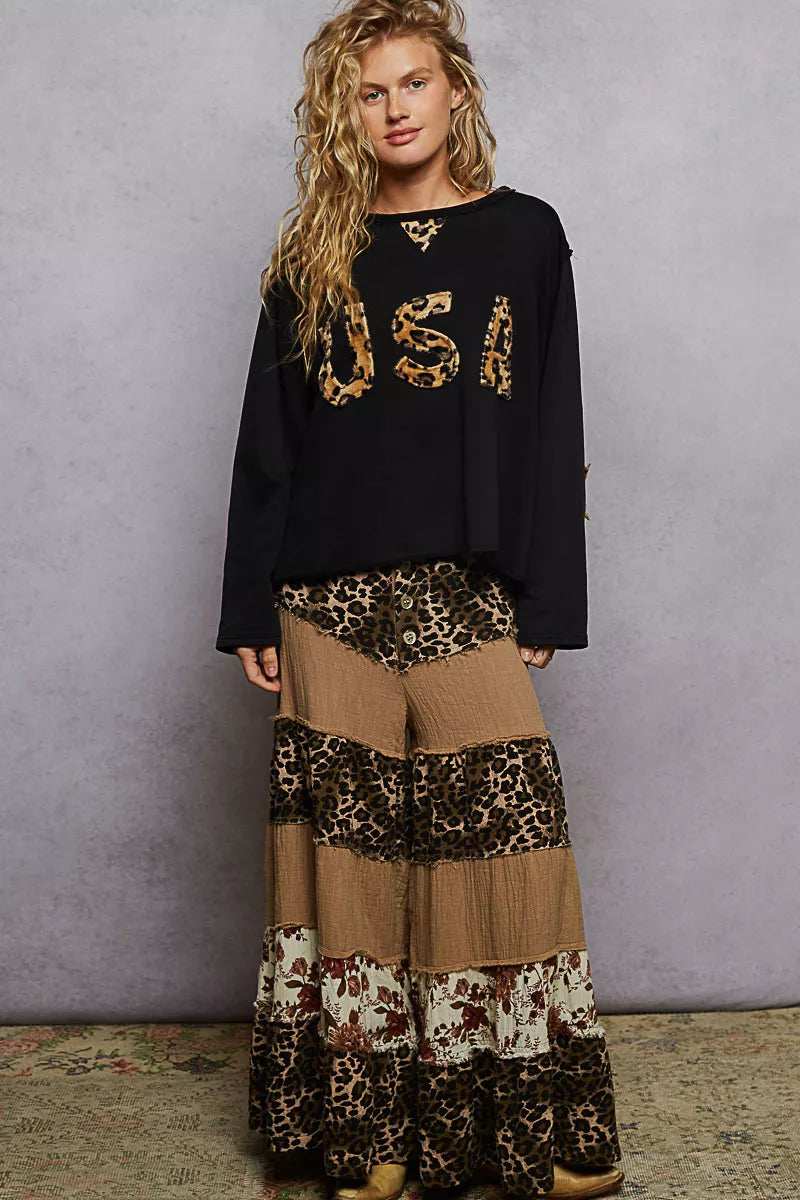 POL Round Neck Long Sleeve French Terry Sweatshirt with USA Letter Animal Patch - Trendsi - Flyclothing LLC