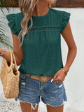 Eyelet Round Neck Cap Sleeve Top - Trendsi - Flyclothing LLC