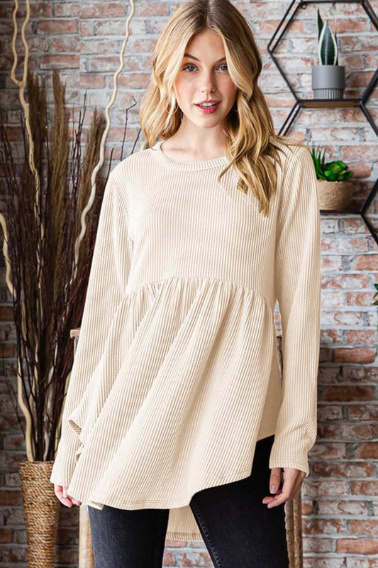 Heimish Full Size Round Neck Long Sleeve Ribbed Babydoll Top - Trendsi - Flyclothing LLC