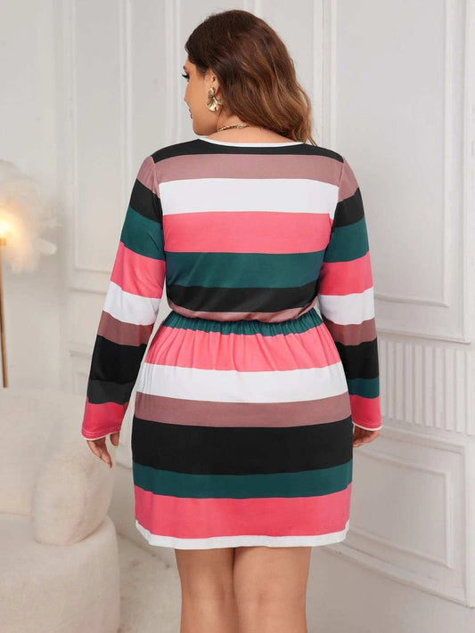 Plus Size Striped V-Neck Long Sleeve Mini Dress - Trendsi - Flyclothing LLC