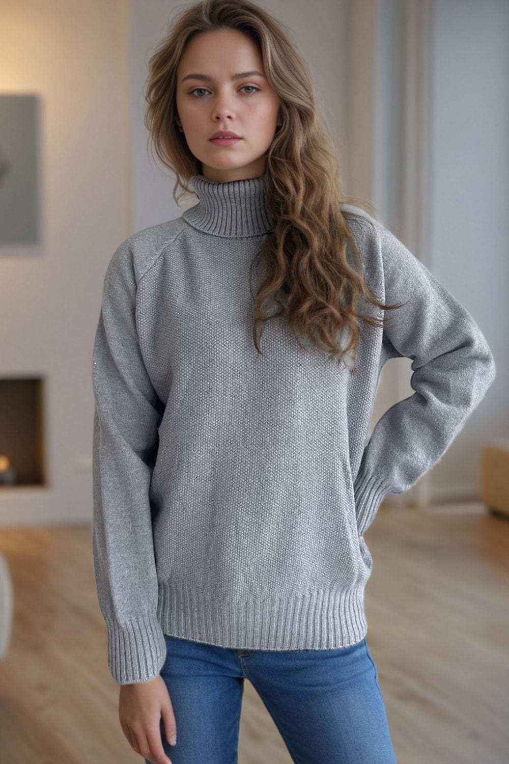 Ribbed Turtleneck Raglan Sleeve Sweater - Trendsi - Flyclothing LLC