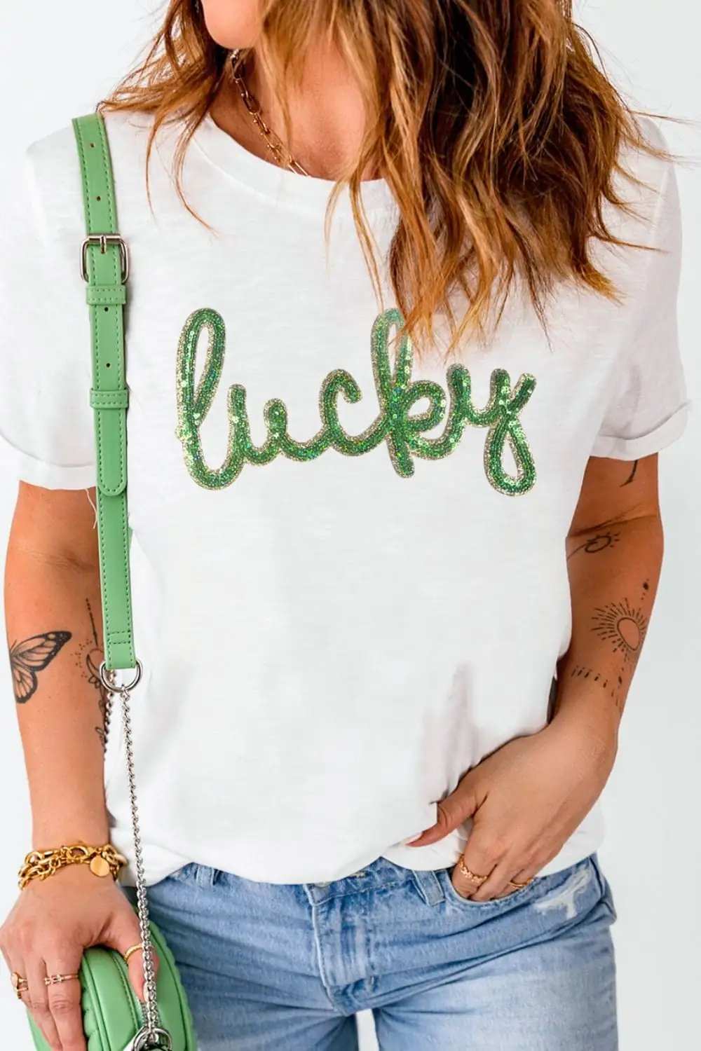 Sequined Lucky St.Patricks Day T-Shirt - Trendsi - Flyclothing LLC