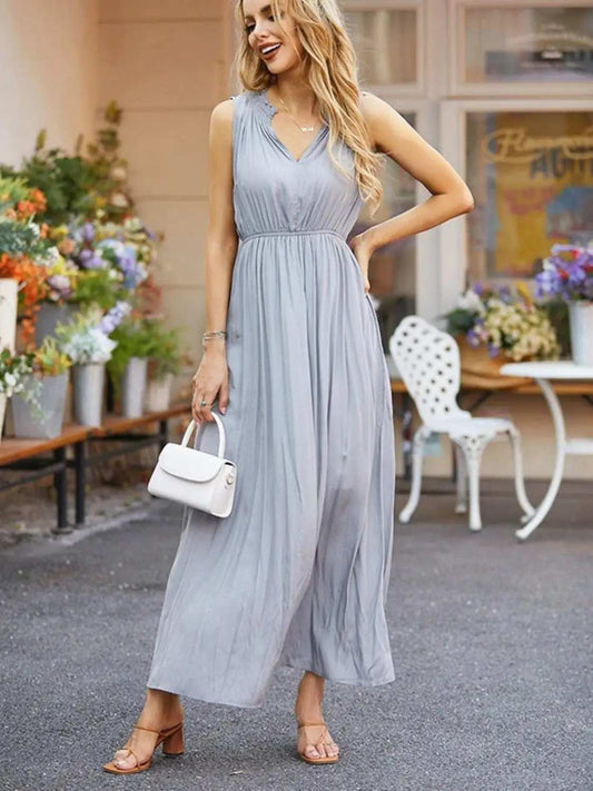 Ruched Notched Sleeveless Midi Dress - Trendsi - Flyclothing LLC