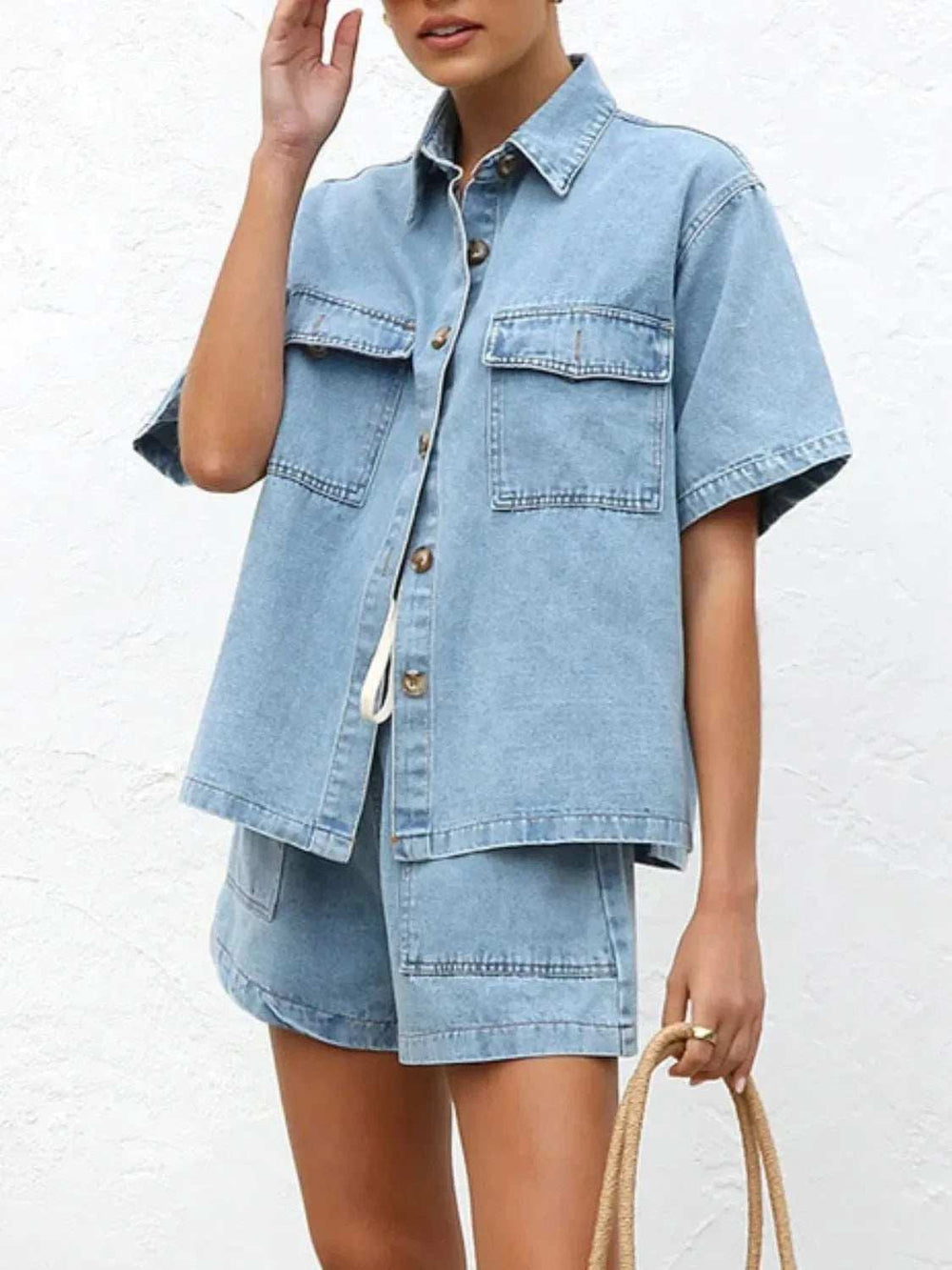 Button Up Short Sleeve Top and Shorts Denim Set - Trendsi - Flyclothing LLC