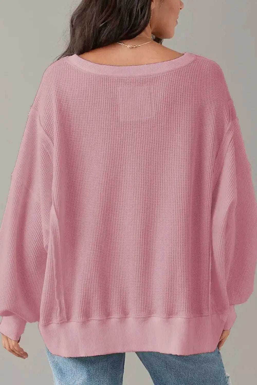 Slit Waffle-Knit Round Neck Long Sleeve Top - Trendsi - Flyclothing LLC