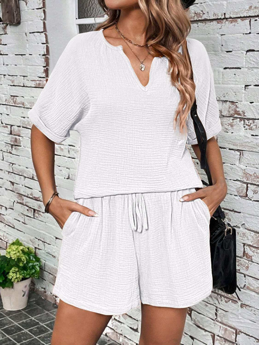 Notched Half Sleeve Top and Shorts Set - Trendsi - Flyclothing LLC