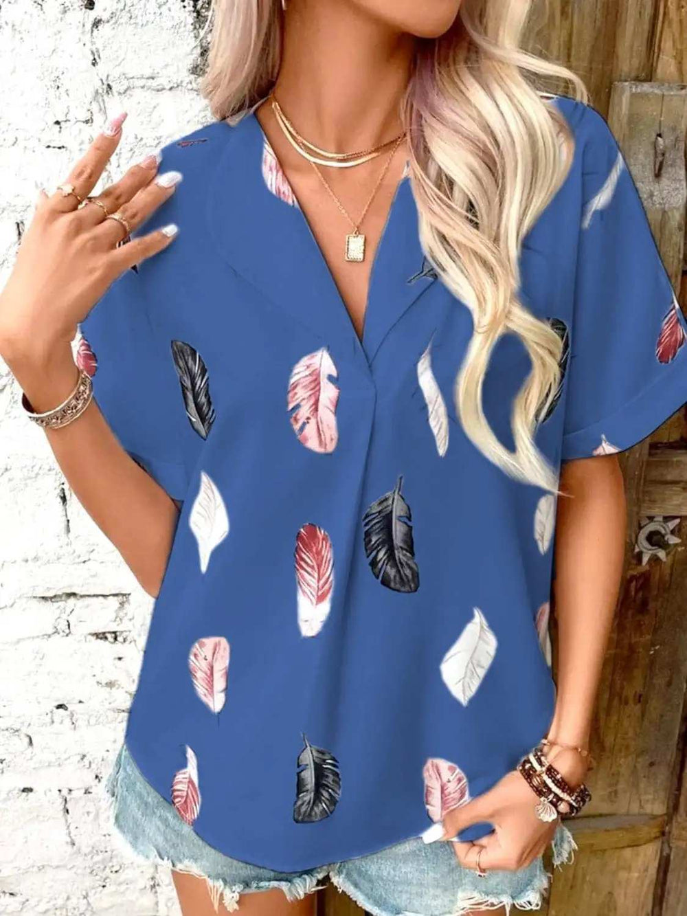 Full Size Printed Collared Neck Short Sleeve Blouse - Trendsi - Flyclothing LLC