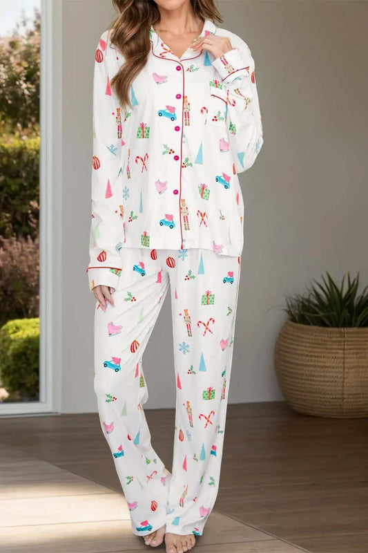 Printed Collared Neck Long Sleeve Top and Pants Lounge Set - Trendsi - Flyclothing LLC