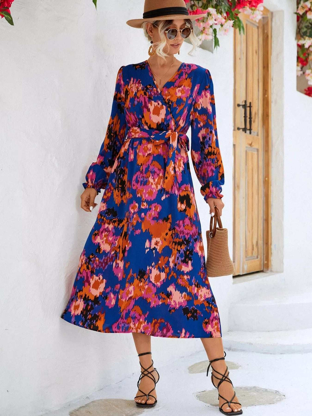 Printed Surplice Long Sleeve Midi Dress - Trendsi - Flyclothing LLC