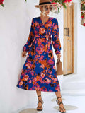 Printed Surplice Long Sleeve Midi Dress - Trendsi - Flyclothing LLC