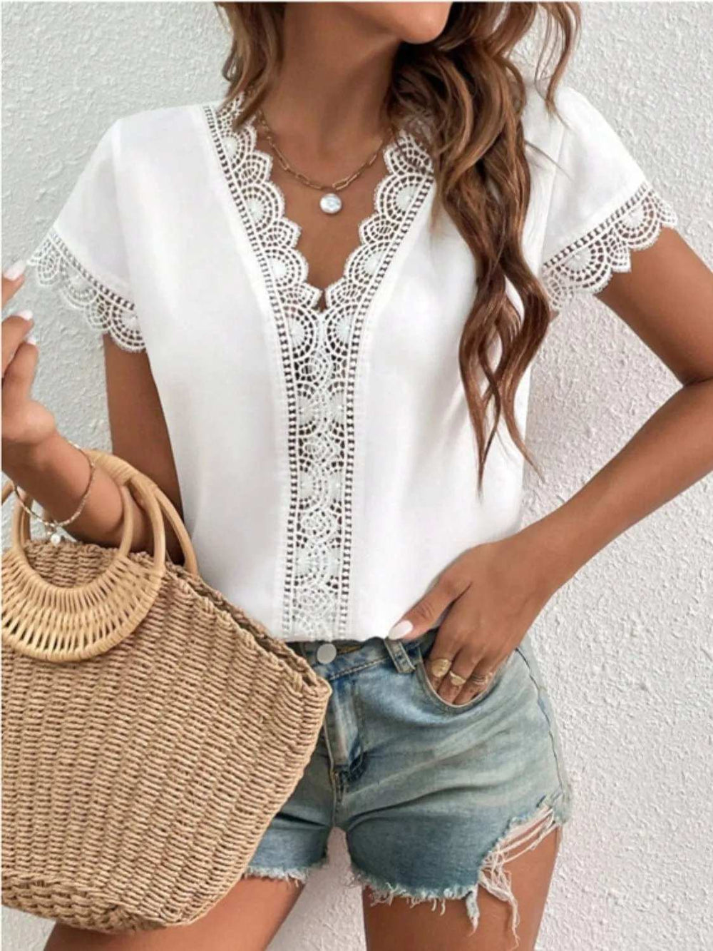 Lace Detail V-Neck Cap Sleeve Blouse - Trendsi - Flyclothing LLC