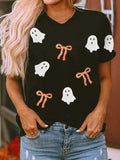 Halloween Ghost Bow Sequin Patched Drop Shoulder Sweatshirt - Trendsi - Flyclothing LLC