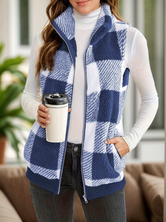 Full Size Pocketed Plaid Vest Coat - Trendsi - Flyclothing LLC