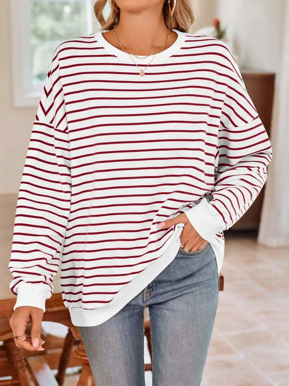 Striped Round Neck Long Sleeve Sweatshirt - Trendsi - Flyclothing LLC