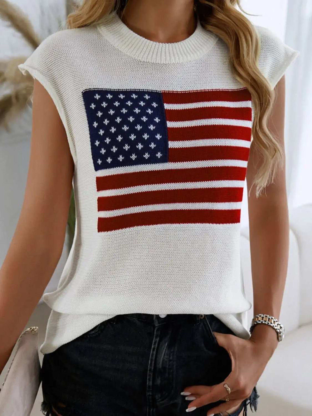 Devine US Flag Round Neck Sweater Vest - Trendsi - Flyclothing LLC