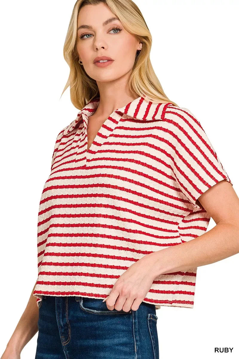 Zenana Striped Split Neck Collared Top - Trendsi - Flyclothing LLC