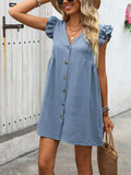 Button Up V-Neck Cap Sleeve Mini Dress - Trendsi - Flyclothing LLC