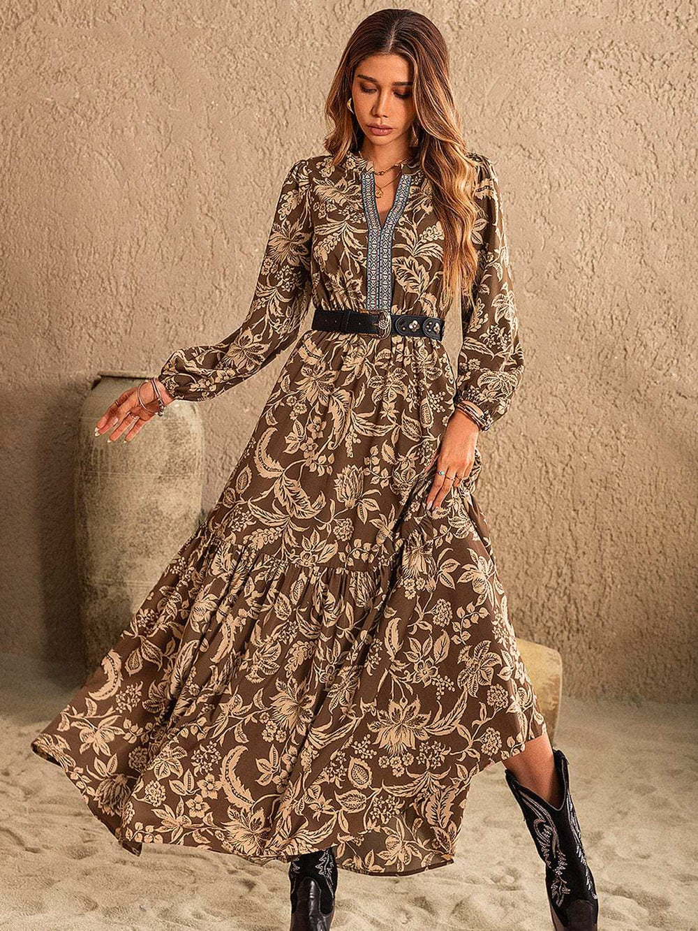 Ruched Printed Notched Long Sleeve Maxi Dress - Trendsi - Flyclothing LLC