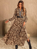 Ruched Printed Notched Long Sleeve Maxi Dress - Trendsi - Flyclothing LLC