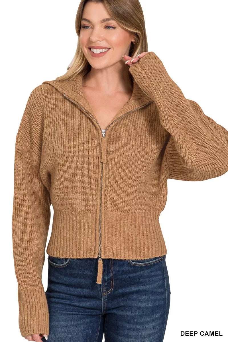 Zenana Ribbed Collared Zip Up Sweater Cardigan - Trendsi - Flyclothing LLC