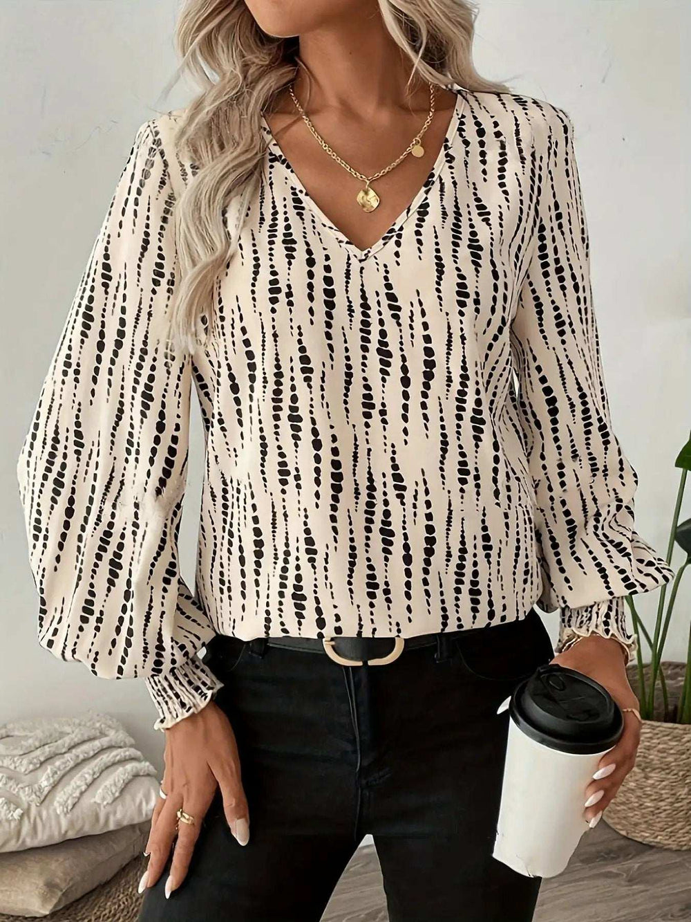Printed V-Neck Lantern Sleeve Blouse - Trendsi - Flyclothing LLC