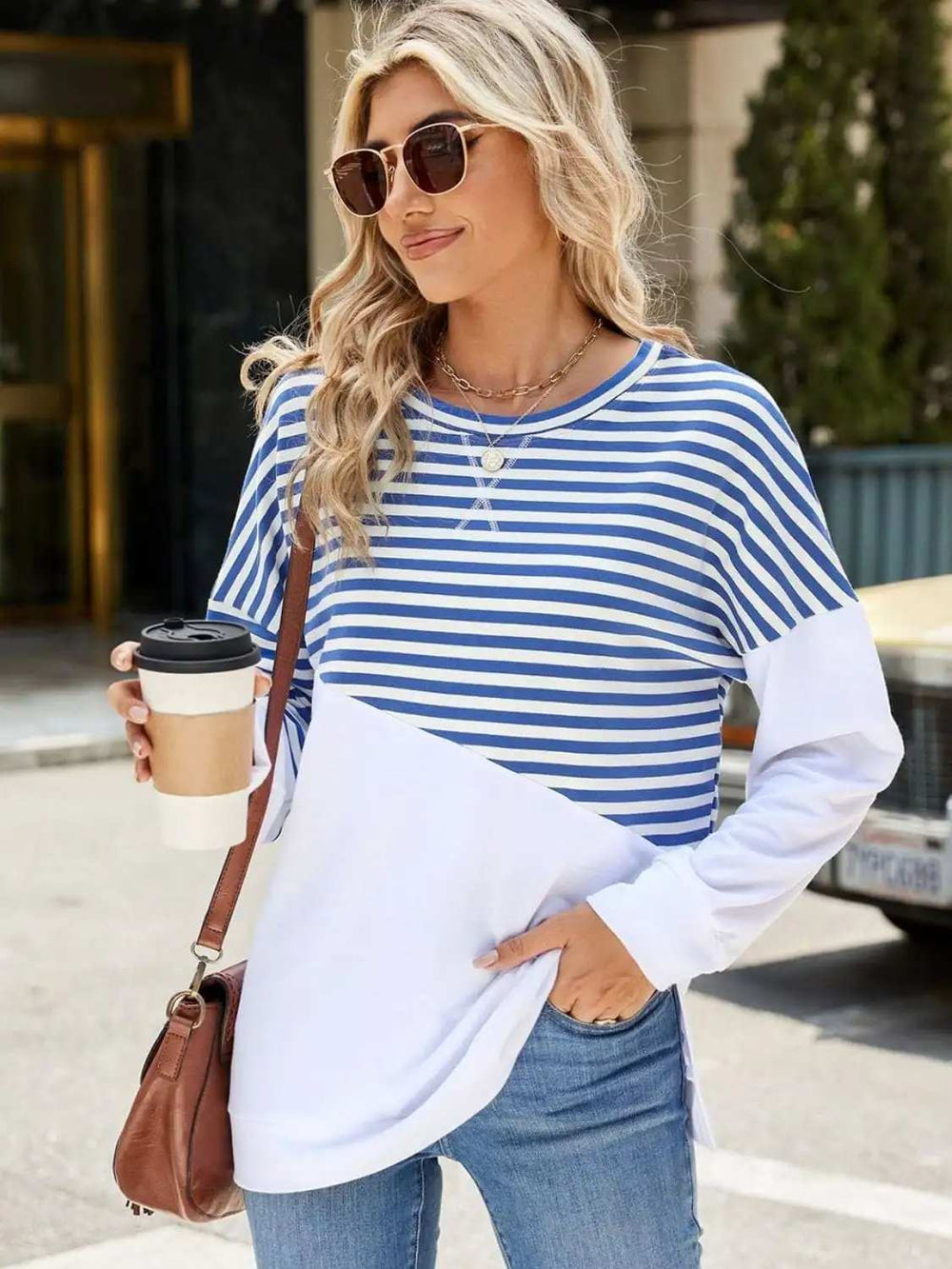 Slit Contrast Striped Long Sleeve Sweatshirt - Trendsi - Flyclothing LLC