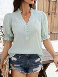 Devine Frill Notched Short Sleeve Blouse - Trendsi - Flyclothing LLC