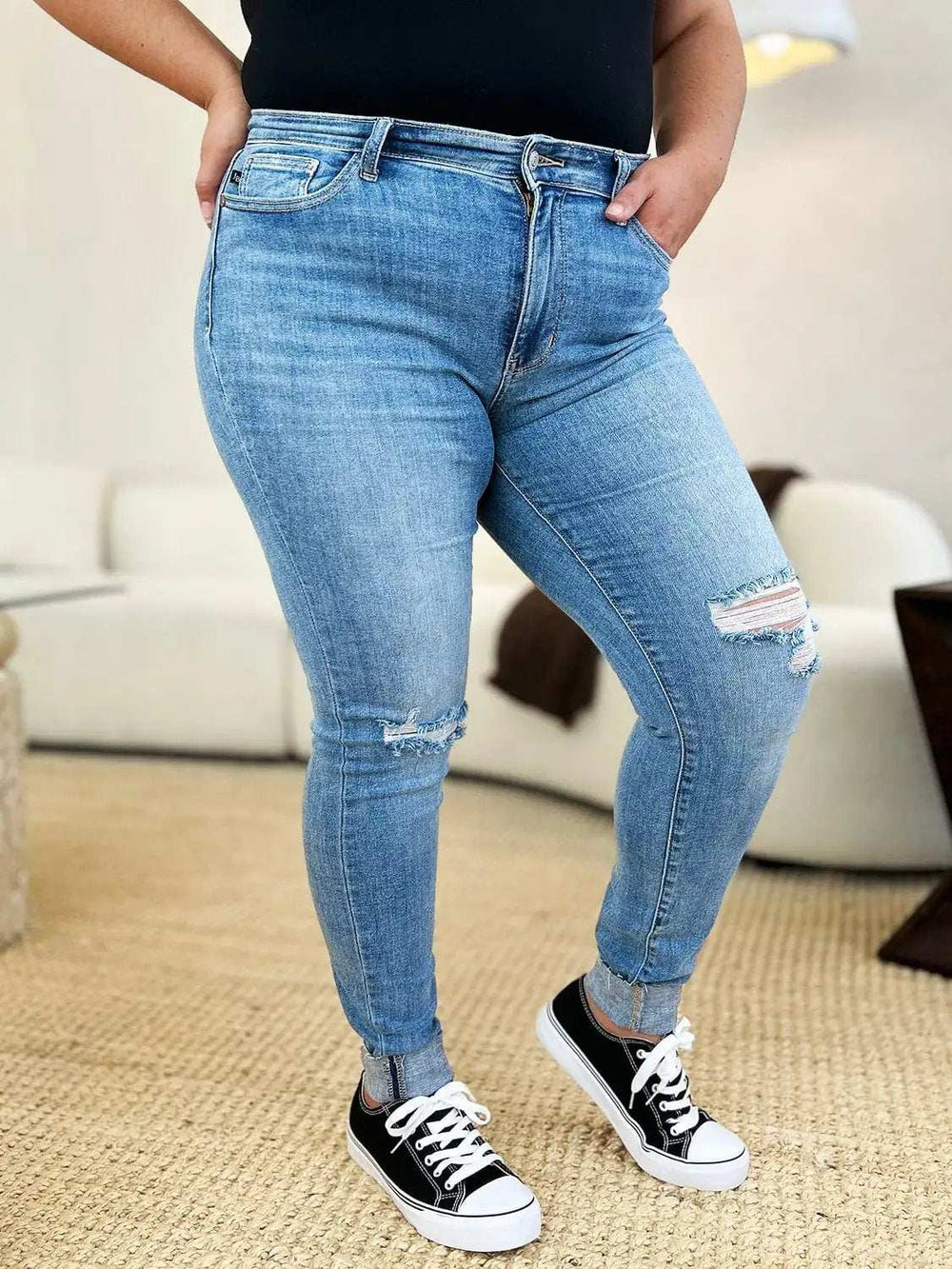 Judy Blue Full Size Mid Rise Destroy & Cuff Skinny Jeans - Trendsi - Flyclothing LLC