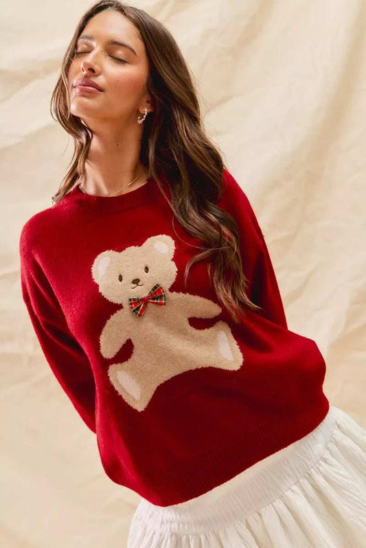 SO ME Teddy Bear With Check Ribbon Christmas Sweater - Trendsi - Flyclothing LLC