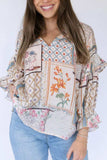 Ruffled Printed Tie Neck Three-Quarter Sleeve Blouse - Trendsi - Flyclothing LLC