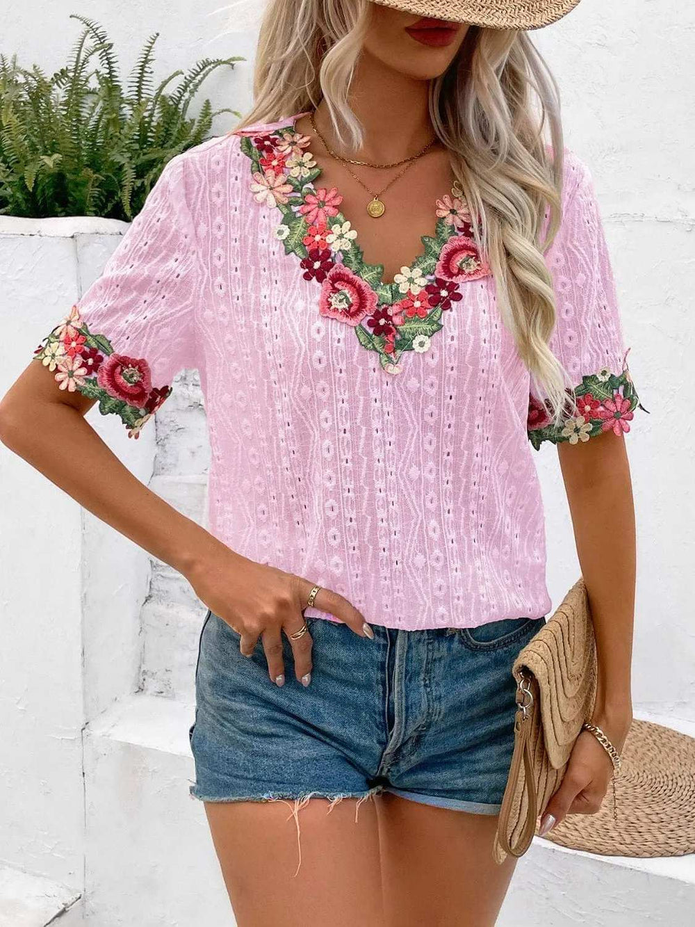 Eyelet Embroidered V-Neck Short Sleeve Blouse - Trendsi - Flyclothing LLC
