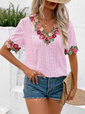 Eyelet Embroidered V-Neck Short Sleeve Blouse - Trendsi - Flyclothing LLC