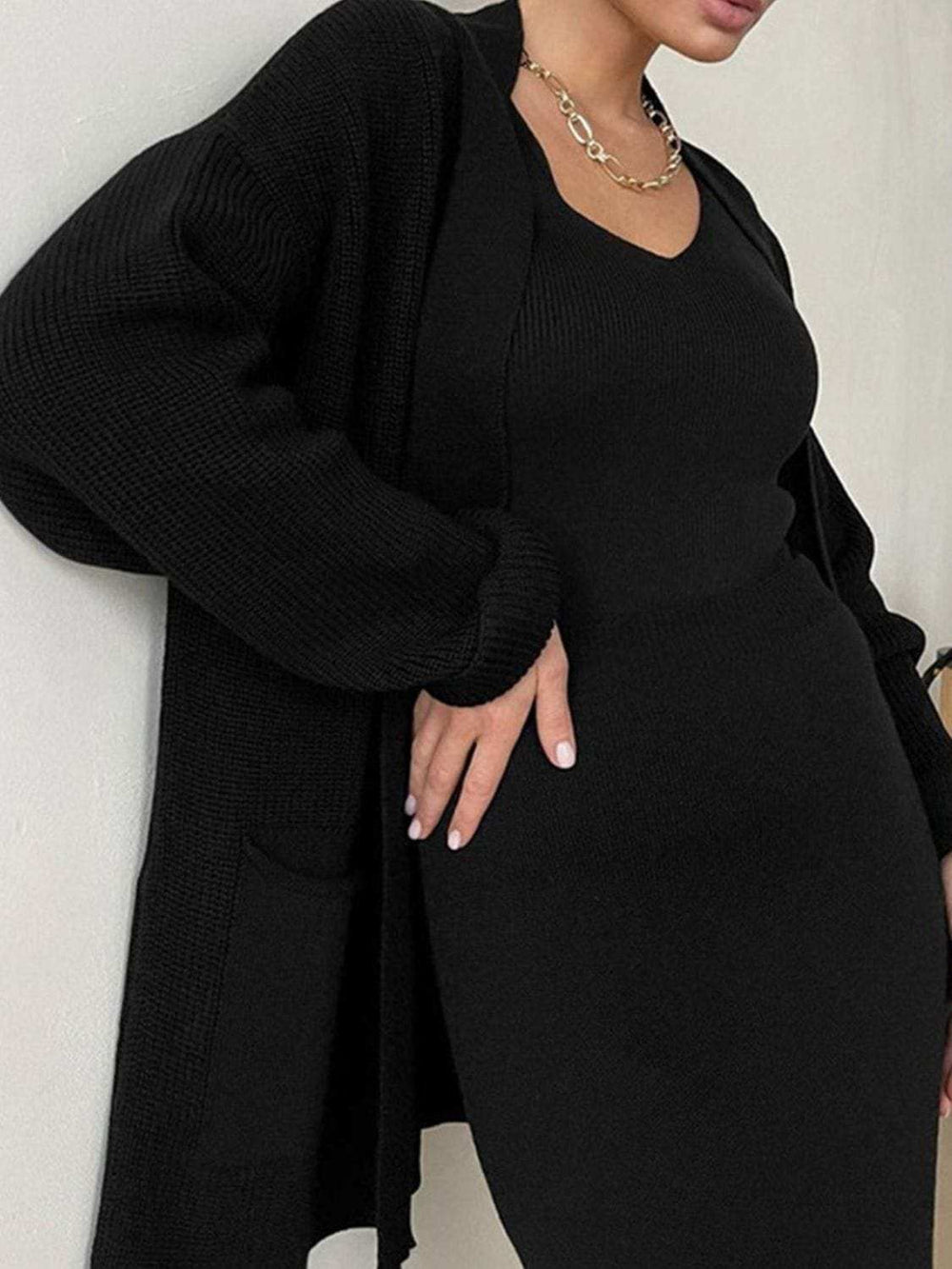 Pocketed Long Sleeve Cardigan and Skirt Sweater Set - Trendsi - Flyclothing LLC