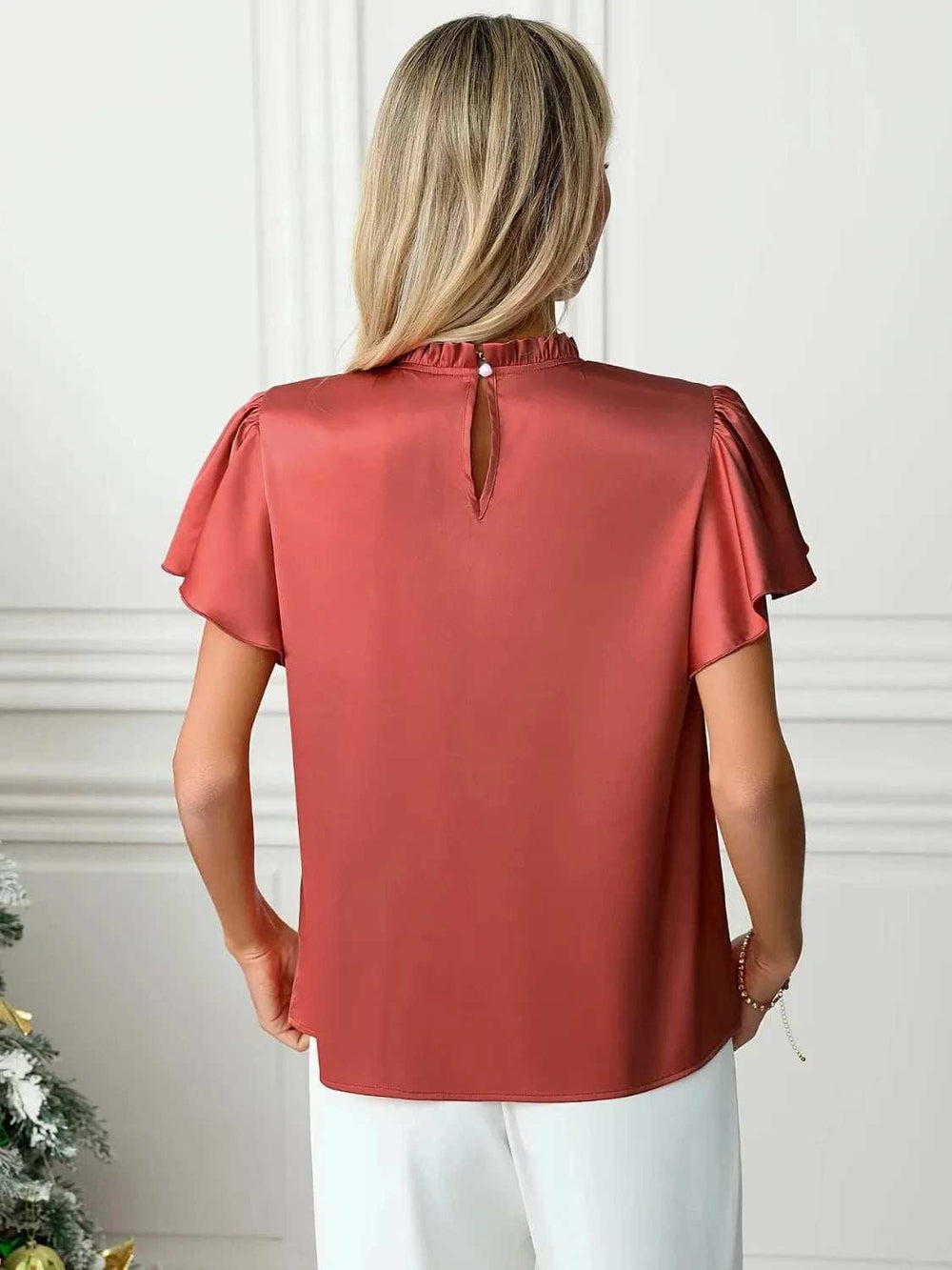 Mock Neck Flutter Sleeve Blouse - Trendsi - Flyclothing LLC
