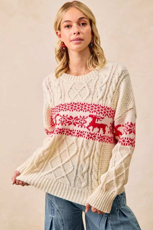 BiBi Christmas Theme Patterned Cable Knit Sweater - Trendsi - Flyclothing LLC